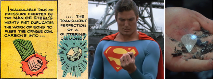 Superman utilizando su fuerza para ejercer presión y transformar un carbón en diamante